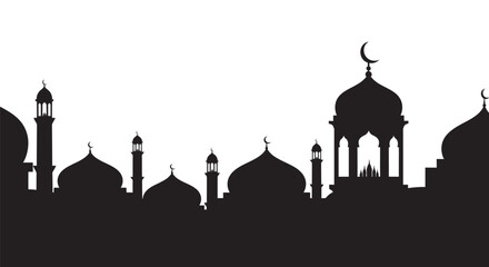 Islamic Mosque Silhouette with Crescent Moon on White Background