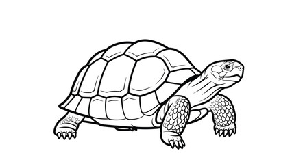 Detailed black and white outline drawing of a tortoise or turtle showing the unique shell patterns and textured skin.