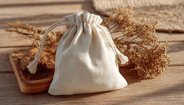 Soft fabric pouch bag with string closure and natural cotton texture