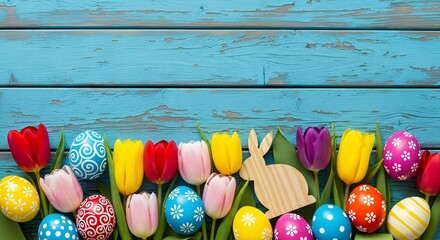 Obraz premium Colorful Easter eggs and tulips on blue wooden background 1