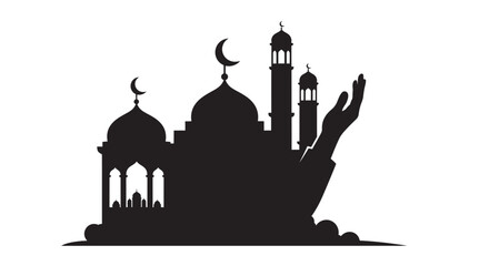 Fototapeta premium Islamic Mosque Silhouette with Crescent Moon and Minarets on White Background