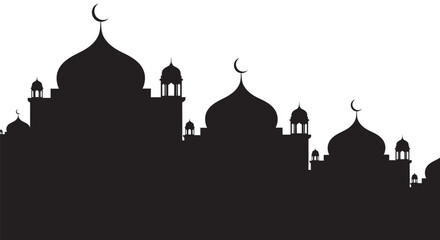 Islamic mosque silhouette with domes and crescent moons on white background © MamwaraStock