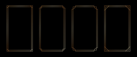 Thin golden rectangle frame set in art deco style. Luxury modern line rectangle gold borders. Brass glowing shiny boarder element pack for photocard. Vector illustration isolated on black background. © Elena Pimukova