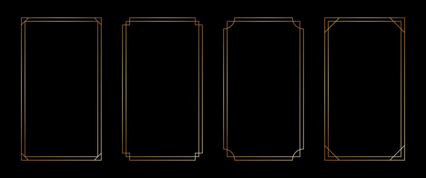 Thin golden rectangle frame set in art deco style. Luxury modern line rectangle gold borders. Brass glowing shiny boarder element pack for photocard. Vector illustration isolated on black background.