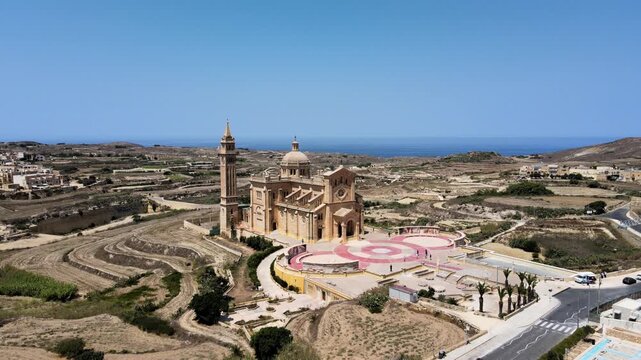 Drone view of Ta Pinu Basilica and countryside in Gharb, Gozo Malta.