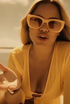 Mujer rubia con elegante vestido amarillo transl&uacute;cido posando en la proa de un yate de lujo bajo la luz del sol