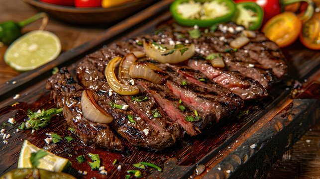 Carne Asada is a beloved Mexican dish of marinated, grilled sliced beef, known for its smoky char and tender texture. Often served in tacos or feasts.