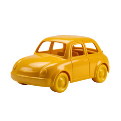 A stylish yellow wooden toy car with a vintage design and open doors