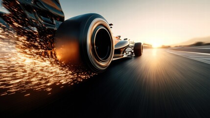 Fototapeta premium Formula 1 race car speeding on a track at sunset, creating sparks.