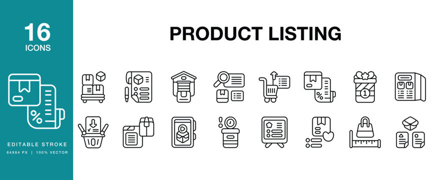 Product Listing icon set. Includes product, listing, ecommerce, catalog, marketplace and More. Editable Stroke Icon Collection.