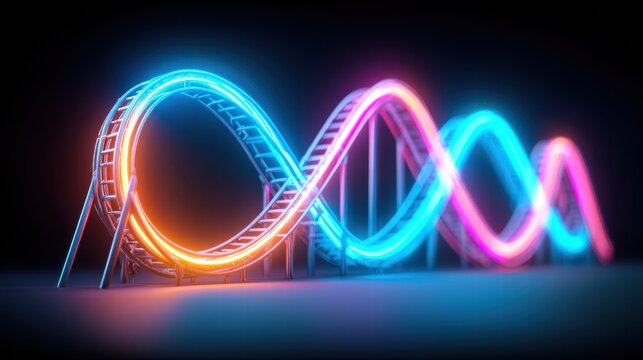 A neon roller coaster lights up the night with its futuristic, glowing track.