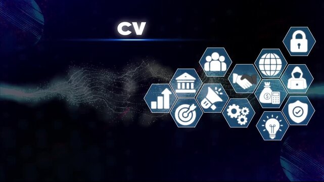 Business and symbols on hexagons with C V or curriculum vitae concept on dark background with neon lights