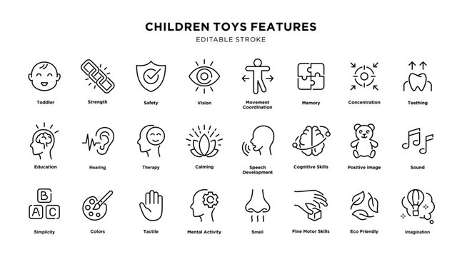 Children toys features icon set with editable stroke