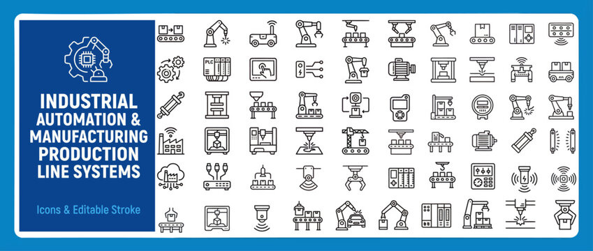 Industrial Automation and Manufacturing Outline Vector Icon Set &mdash; Editable Stroke Line Icons for Web and App UI
