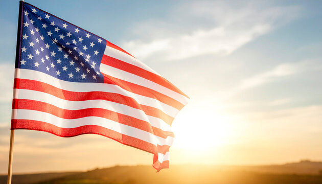 American Flag Waving Proudly Against a Golden Sunset Sky.