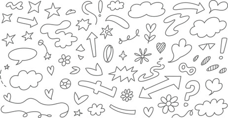Obraz premium Doodle icons set with arrows hearts stars and speech bubbles on white background for creative design