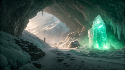 Mystical ice cave with glowing emerald crystals and sunlight beams in snowy mountain landscape