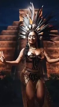 Guerrera azteca con traje dorado y tocado de plumas posando frente a una pir&aacute;mide mexicana bajo un cielo estrellado