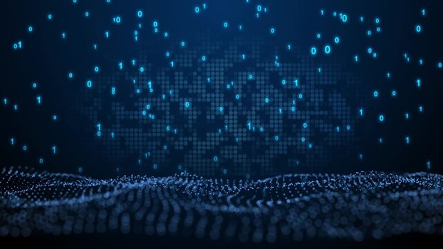 Modern cyber technology background with AI-powered data stream, blue digital wave, binary code, network chart analysis, virtual computing line connection.