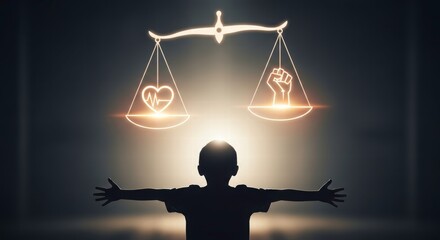 Weighing Justice and Compassion: A silhouette of a child stands with outstretched arms, beneath a balance scale illuminated with symbols of love and justice, symbolizing the importance of both.