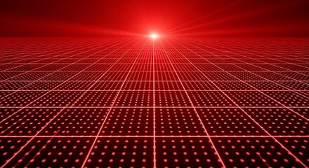 Vibrant red grid with glowing light rays and dots