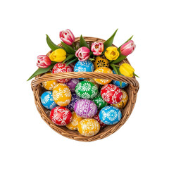 Easter basket with painted eggs and tulips