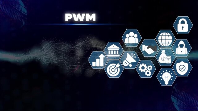 Business Strategy and Finance on Dark Background with P W M Label finance PWM marketing security technology