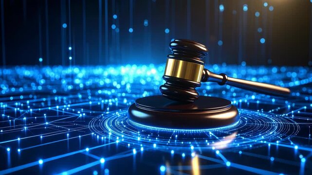 Symbol of Justice in Digital Network with Glowing Blue Connections