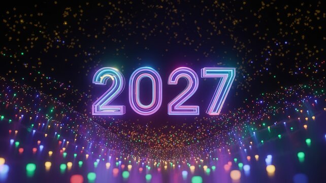 Neon Glow 2027 New Year Celebration Digital Art with Colorful Light Bursts and Festive Sparkles on Dark Background