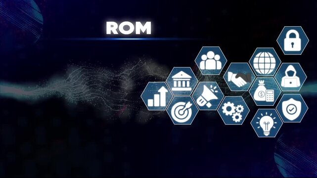 Business Technology on Hexagonal Grid with R O M Text on Dark Background with Glowing Blue Accents hexagons
