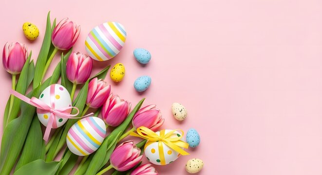 Pink tulips and decorated easter eggs on pastel pink background