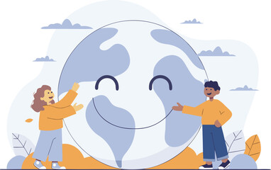 Obraz premium Happy Kids With Smiling Planet Earth Illustration for Environmental Care and Global Sustainability