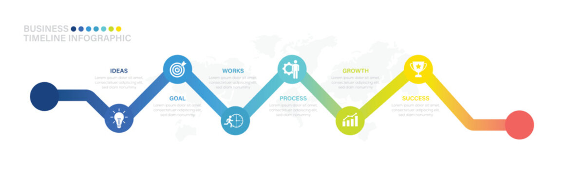 Business infographic template with 6 options. Business data visualization. Colorful diagram, timeline Easy to use for your website or presentation.