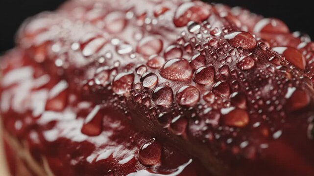 Close up of water droplets on red leaf surface.
