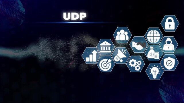 U D P Internet Protocol Network Set with Business and Security Symbols on Dark Background with Glowing Lines