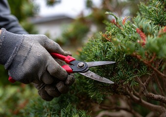 Gardener pruning shrub branches with garden shears close up