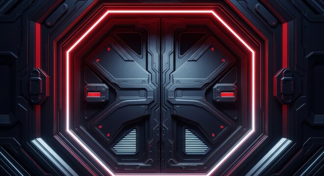 Futuristic SciFi Octagonal Heavy Metal Hatchway With Red Neon Glow And Blue Light Grids In