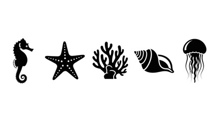 Collection of Marine Life Silhouettes on White Background. © Efan