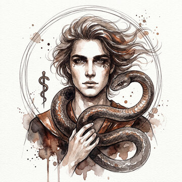 Ophiuchus Zodiac Illustration in Watercolor and ink wash style. Wet-on-wet technique with soft blends, artistic splatters, and drips. For astrology posters, horoscopes, calendars, tarot. 