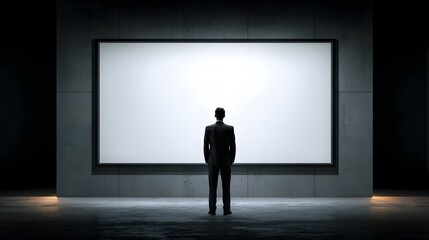 Fototapeta premium Man in suit stands before a large blank screen in a dark, minimalist room, contemplating a new beginning.