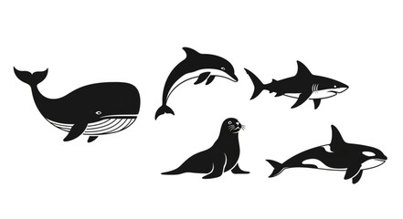 Collection of marine animal silhouettes including whale dolphin shark seal and orca. © Efan