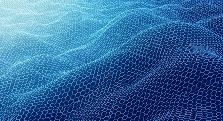 Modern blue wave pattern with hexagons and flowing lines