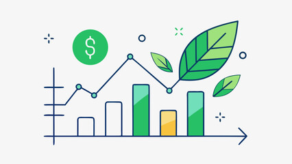 Green financial growth illustration featuring a bar chart, dollar sign, and leaves symbolizing sustainability and economic progress in a modern design