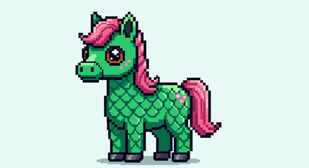 A charming pixel art green pony with a scaly texture, pink mane, and a small flower detail on its flank.