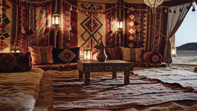 Cozy Traditional Bedouin Tent Interior with Ethnic Patterns and Warm Lighting.