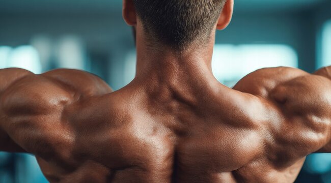 A detailed view captures the powerful back and shoulders of a muscular man.