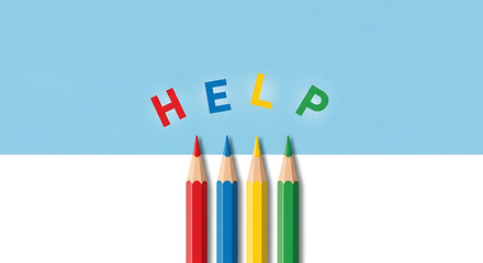 Fototapeta premium Colorful Pencils Forming Help Text on Blue Background, Support Concept