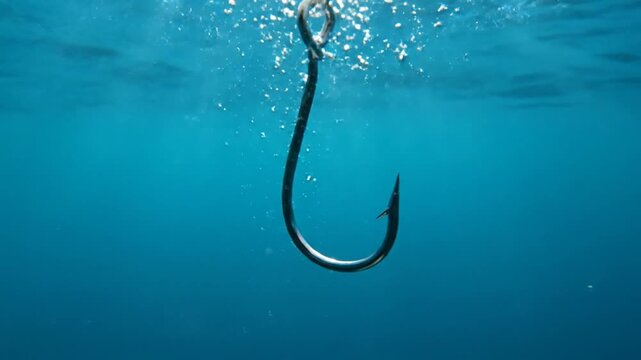 Underwater fishing hook with a clear blue ocean backdrop, illustrating the art of angling in deep waters