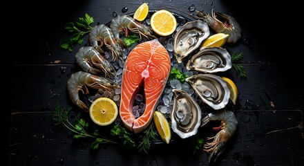 Fresh seafood platter with salmon shrimp oysters lemons and herbs on ice cubes