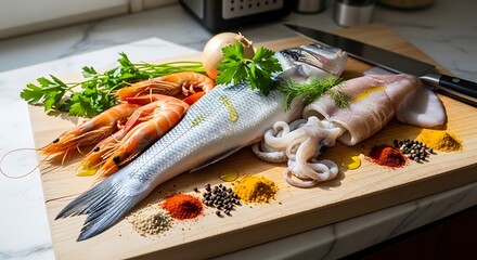 Raw seafood and spices on wooden cutting board